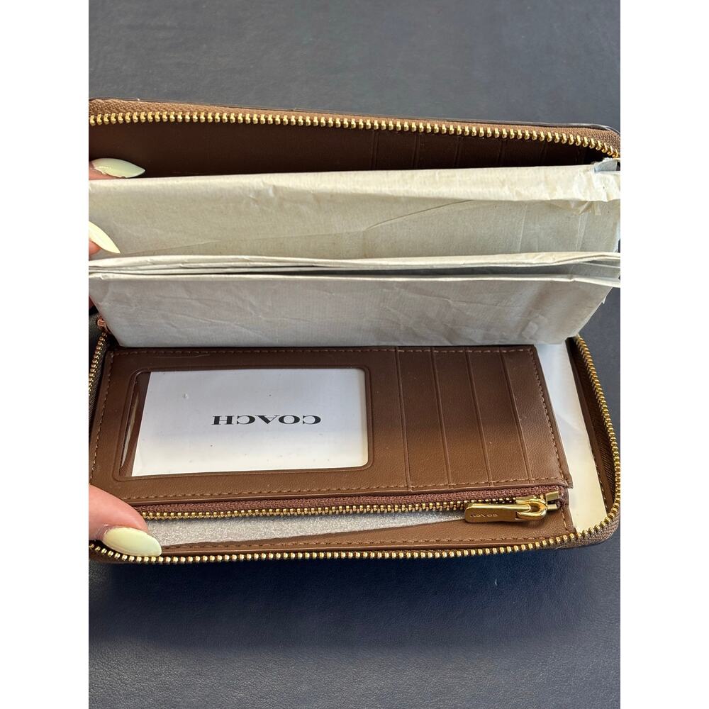 Coach Signature Zip Around Wallet Brown Canvas Leather PVC Gold Tone New - Picture 5 of 6